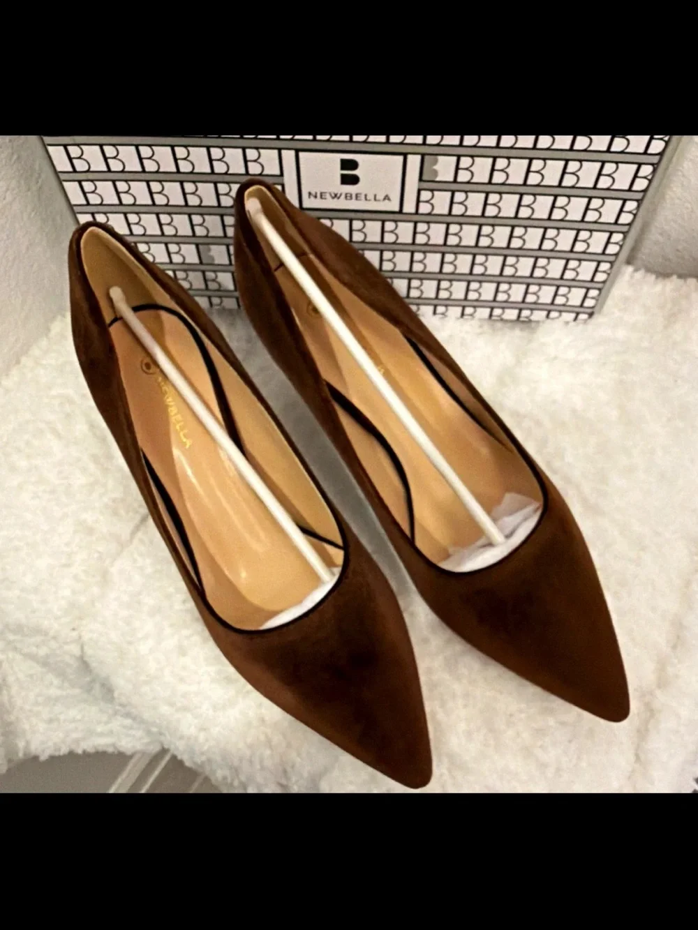 NEWBELLA Women’s Brown Suede Pointed Toe Stiletto Slip-On Pumps US 8.5